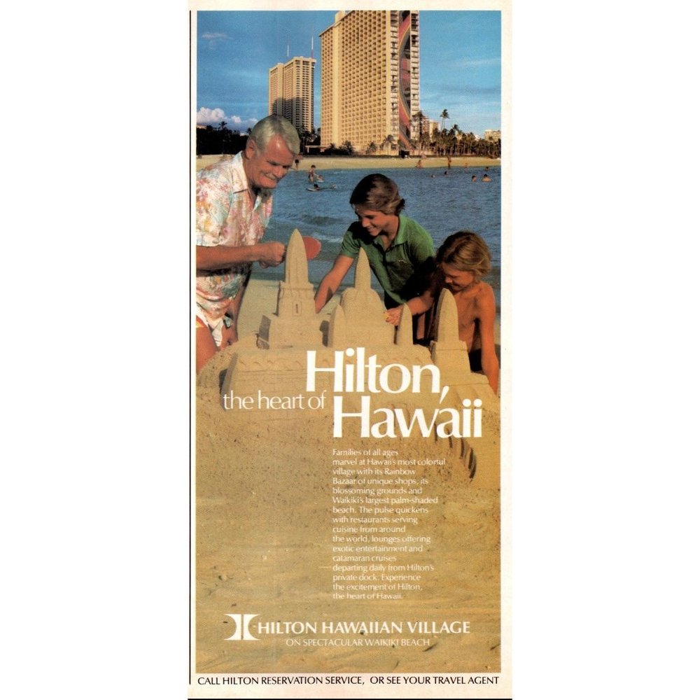 1985 Hilton Hotels Hawaiian Village Waikiki Hawaii Vintage Print Ad Sand Castle